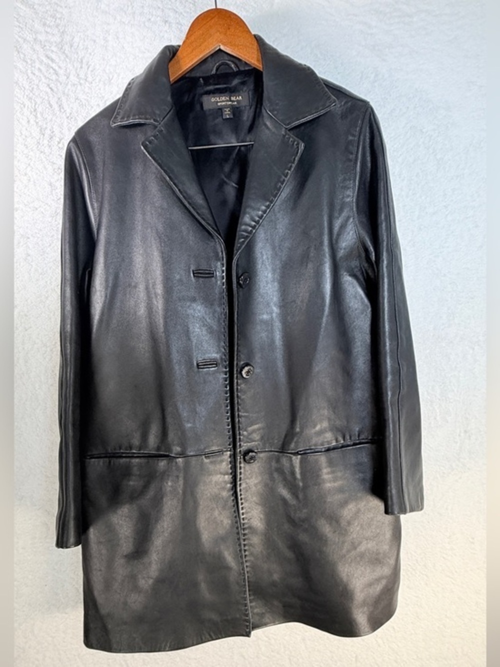 Golden Bear Sportswear Black Leather Long Blazer Car Coat Size Large